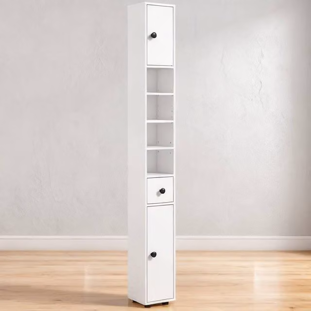 ERGOVEXA Slim White Bathroom Cabinet with Drawers, Shelves and Cupboards, Height: 180 cm