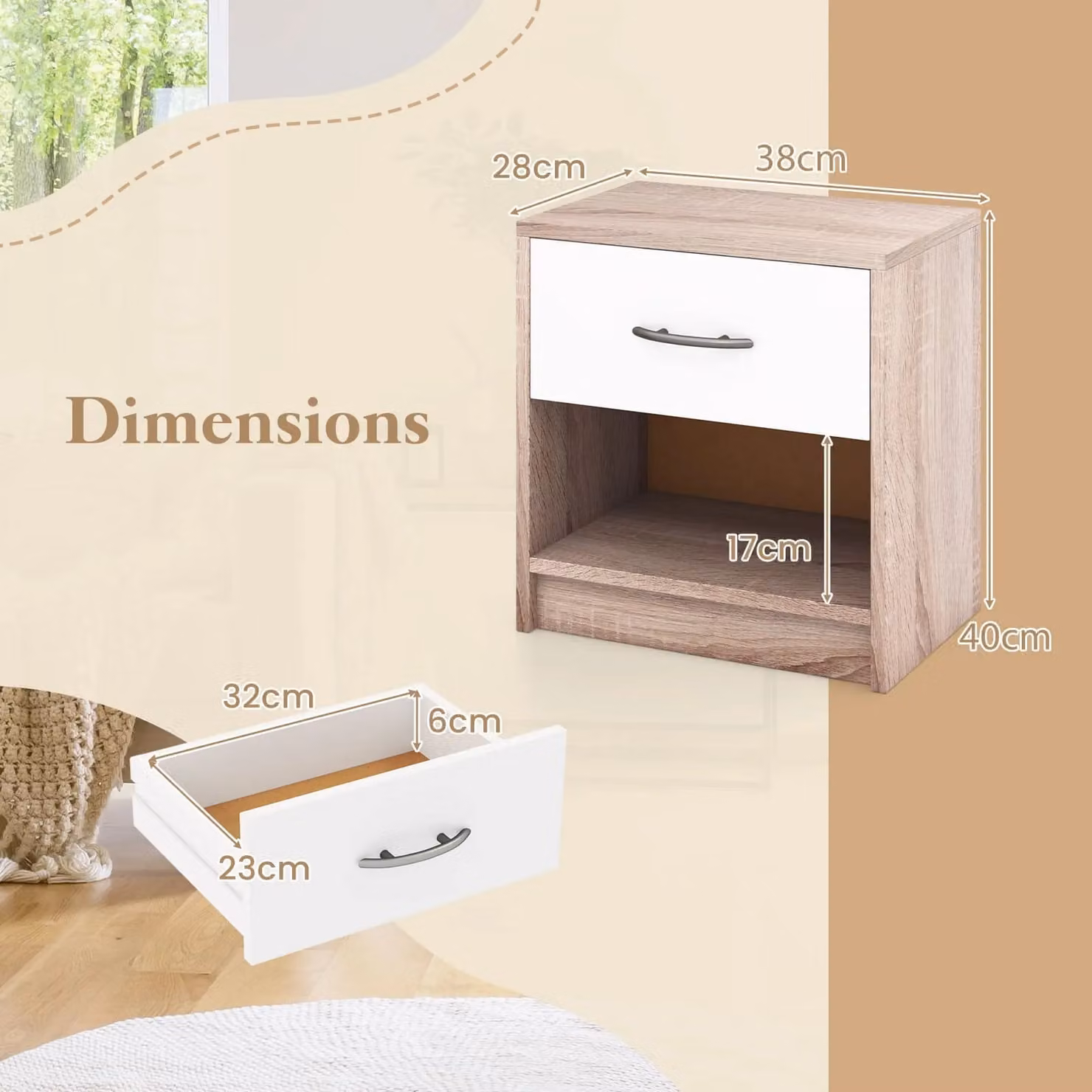 Costway 3-Tier Bedside Table with Drawer in Brown – 2