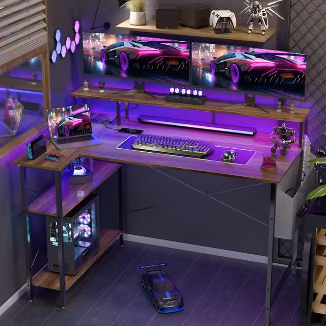 BEXEVUE L-Shaped Gaming Desk in Dark Walnut with Power Outlets and LED Lights, W: 120 cm, D: 70 cm
