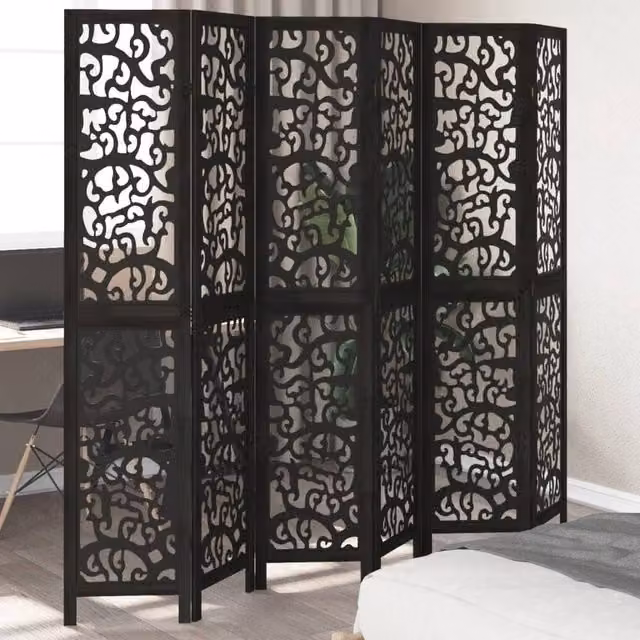 Berkfield Home 6 Panel Black Solid Wood Paulownia Room Divider