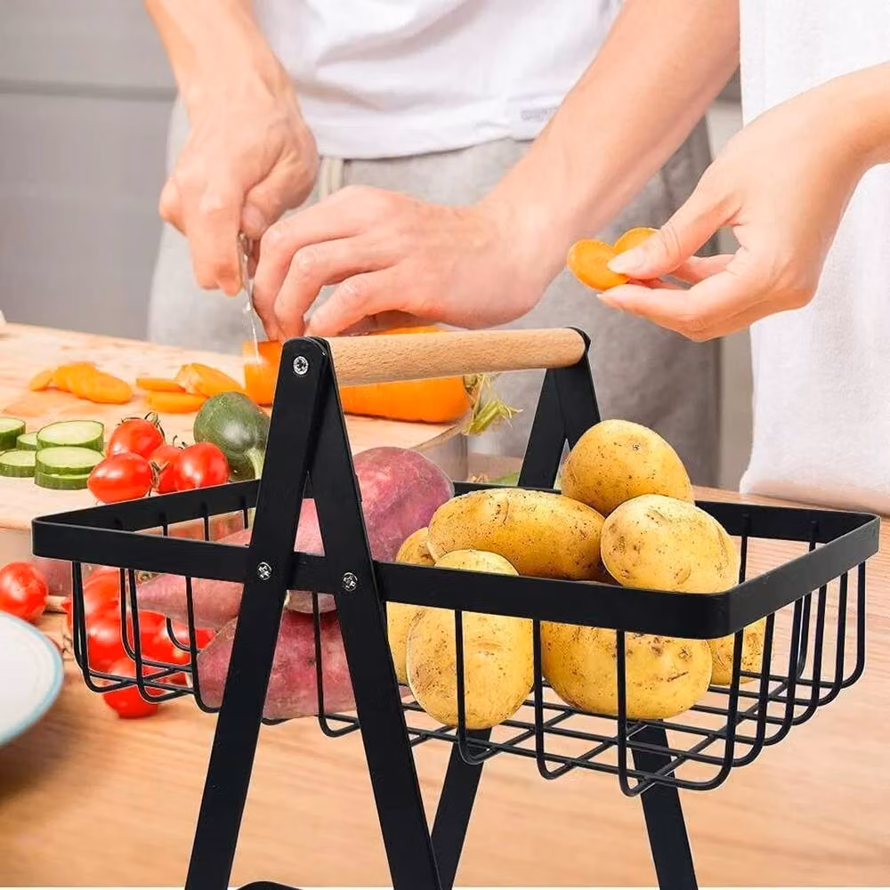 KORVIXA 2 Tier Metal Fruit Basket with Handle Holder Rack in Black – 4