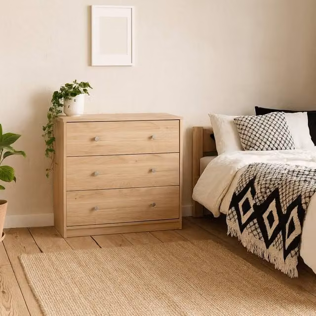 Wyld Haus Kaohsiung 3 Drawer Chest in Hickory Oak Effect, Brown and Beige