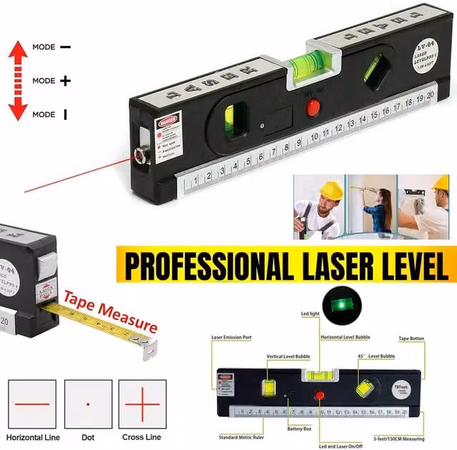 ATEK 3-in-1 Laser Level with Horizontal and Vertical Line Leveler and Measuring Tape in Black