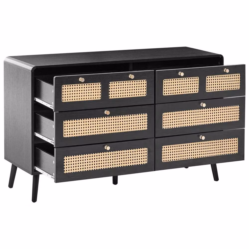 Wyld and Coco Boho Black MDF Six Drawer Chest of Drawers with Rattan Fronts – 4