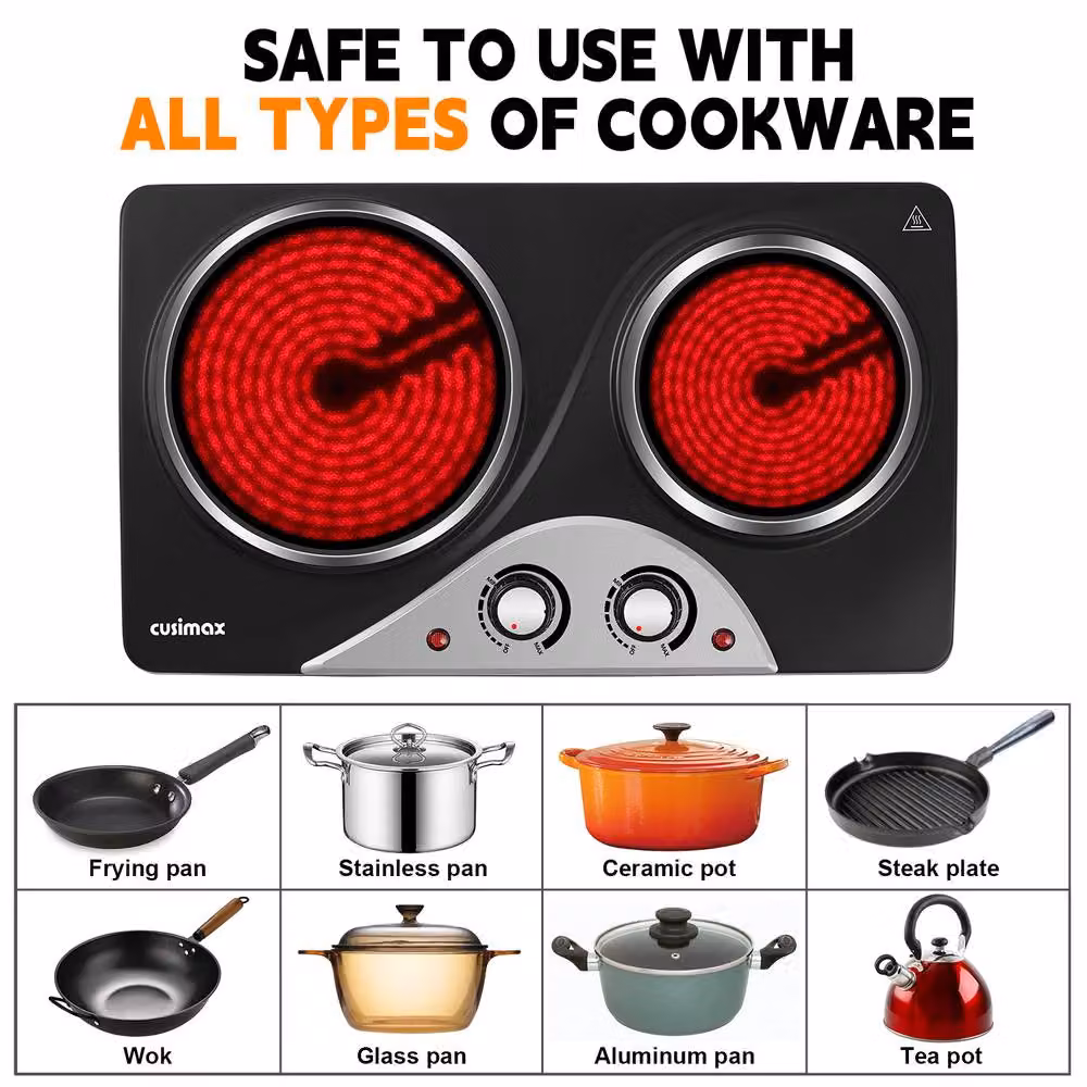 Cusimax 2100W Double Burner Electric Hot Plate with Cast Radiant Ceramic Elements in Black – 4