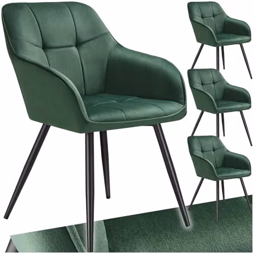 tectake Marilyn Set of 4 Modern Dining Chairs with Velvet Fabric and Geometric Pattern in Dark Green and Black