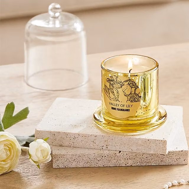 Komore Yellow Floral Scented Plant-Based Wax Votive Candle with Glass Cloche