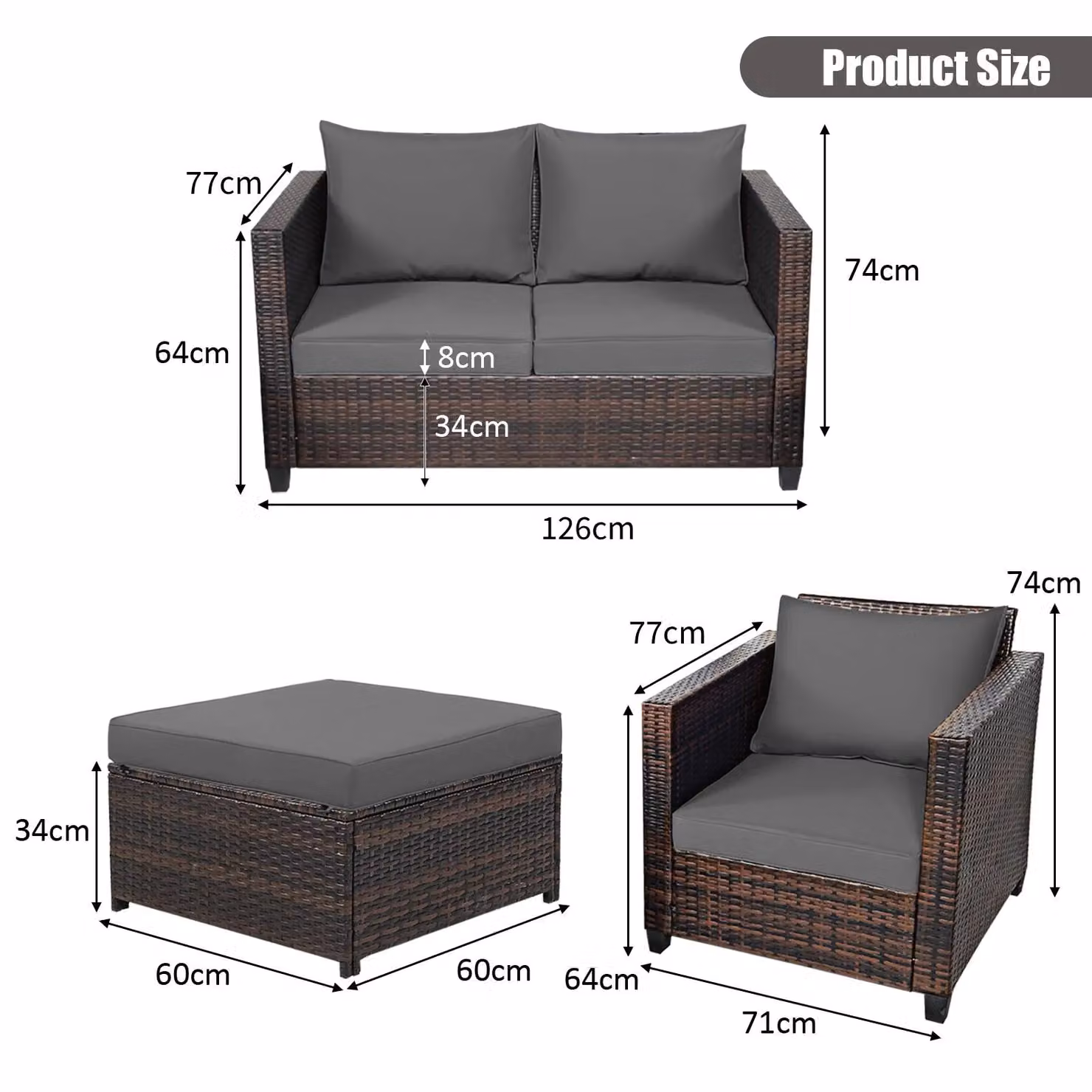 Costway 6-Seater Grey Rattan Garden Furniture Set with L-Shape Sofa, Ottoman and Upholstered Cushions – 2