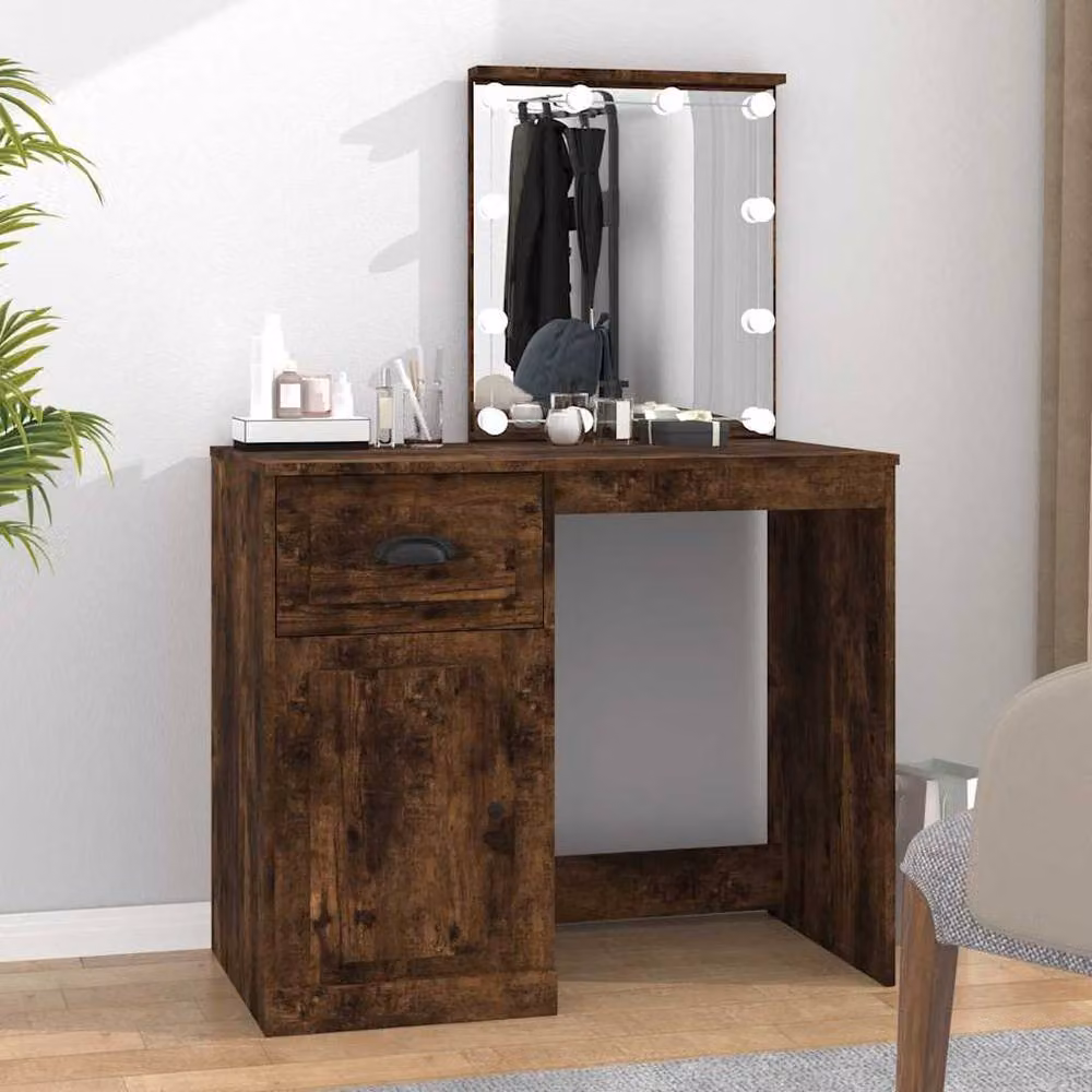 Berkfield Home Dressing Table with LED in Smoked Oak Brown, W/D/H: 90 x 50 x 132.5 cm – 2