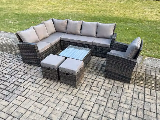 Fimous 9 Seater Rattan Garden Dining Set with Corner Sofa, Square Coffee Table and 2 Footstools in Dark Grey