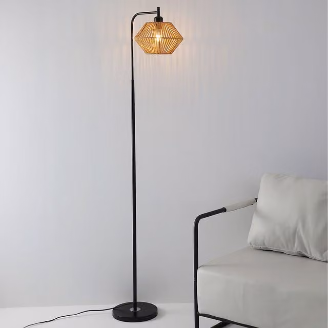 Komore Minimalist Organic Floor Lamp with Black Rattan Shade and Metal Base