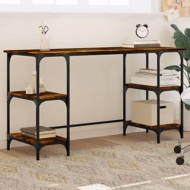 Berkfield Computer Desk in Smoked Oak and Brown, W/D/H: 140 x 50 x 75 cm