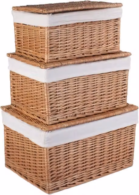Red Hamper Set of 3 Brown Wicker Storage Baskets with Light Steamed Cotton Lining, Width: 35 cm