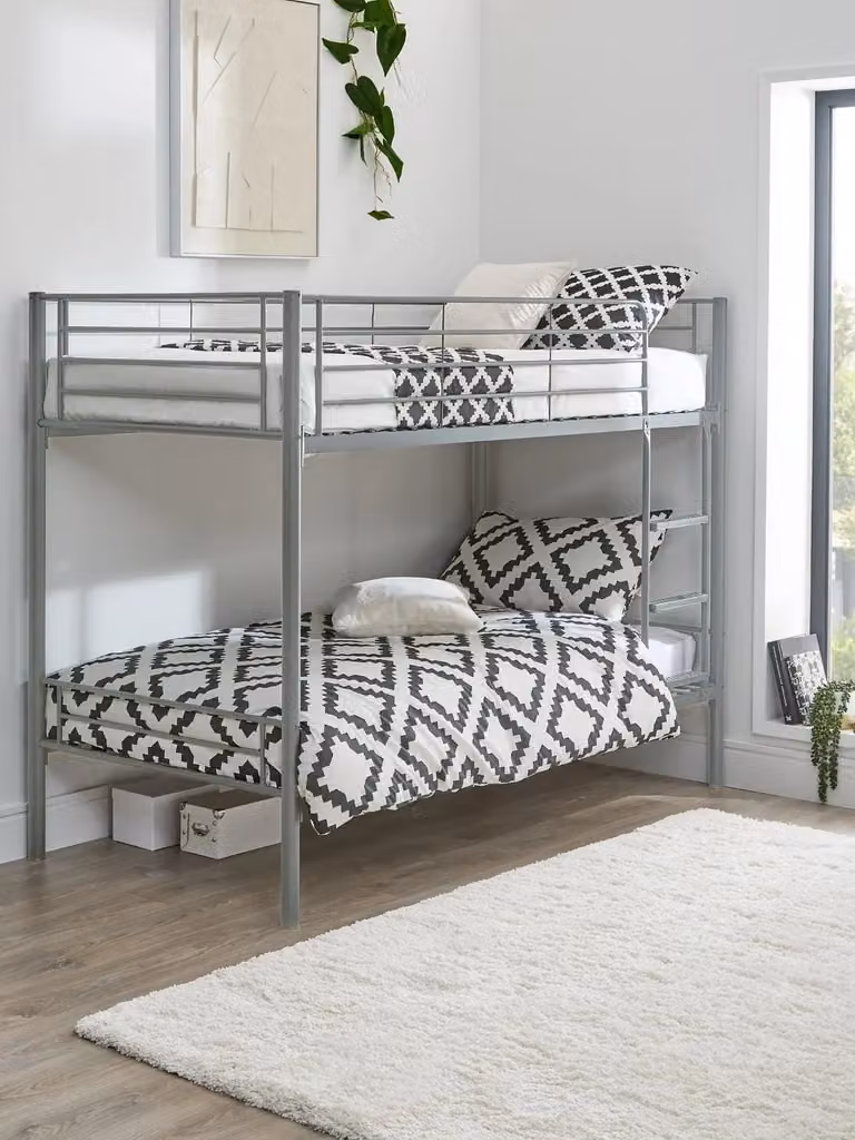 Domino Metal Bunk Bed Frame with Ladder and Top Bunk Guard Rail in Silver