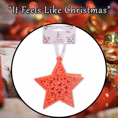 VFM e-Store Red Hanging Glitter Star Christmas Tree Ornaments, Pack of 6, H x W x D: 18.5 x 9.5 x 1.5 cm – 6