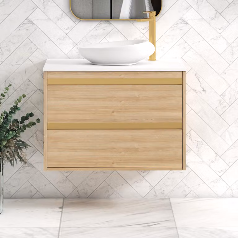 Royal Bathrooms Orion 800mm Natural Oak Wall Hung Vanity Unit with Plain White Nova Basin and Brushed Brass Accent Trim