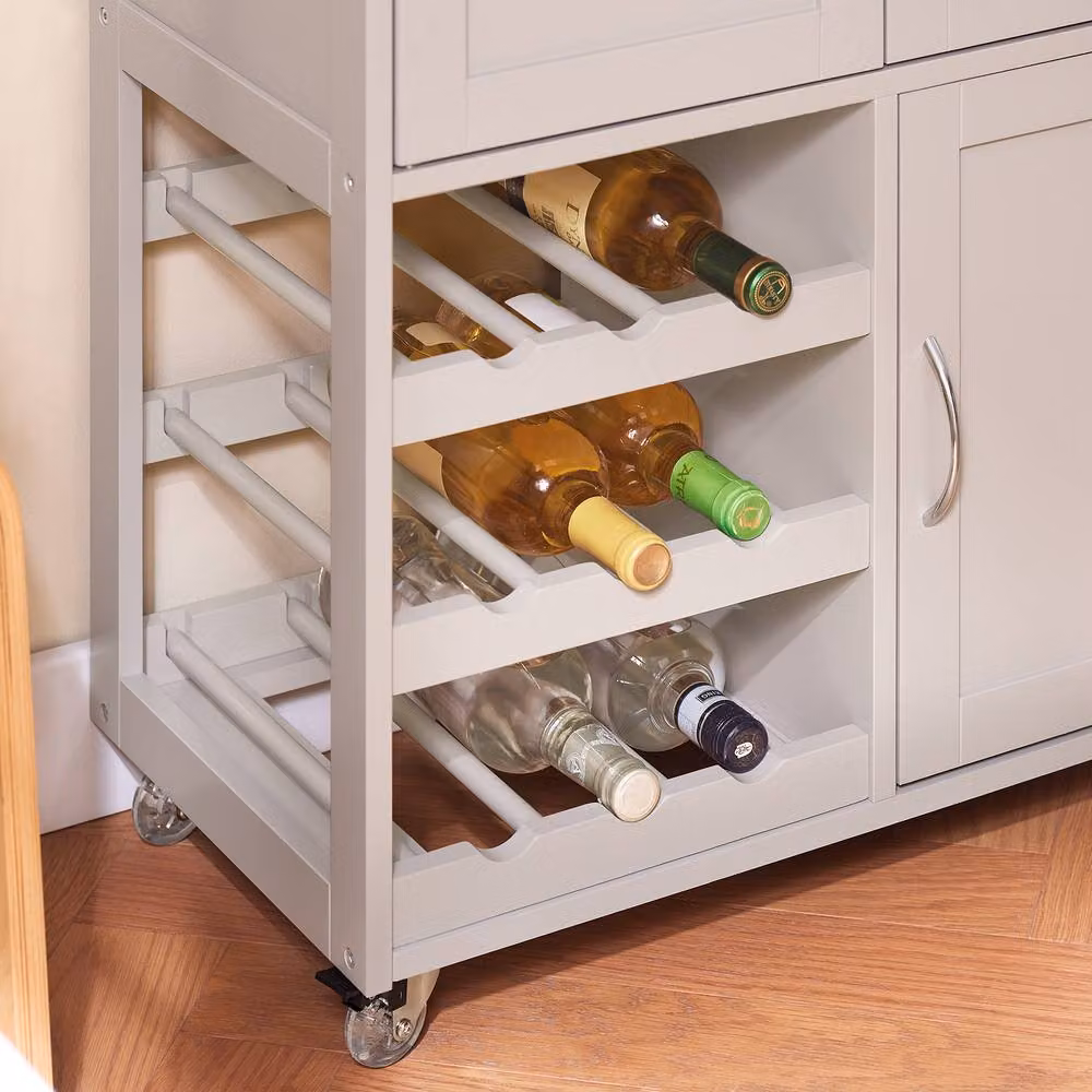 SoBuy Mobile Kitchen Trolley with Solid Wood Top and Hinged Doors in Light Grey – 3