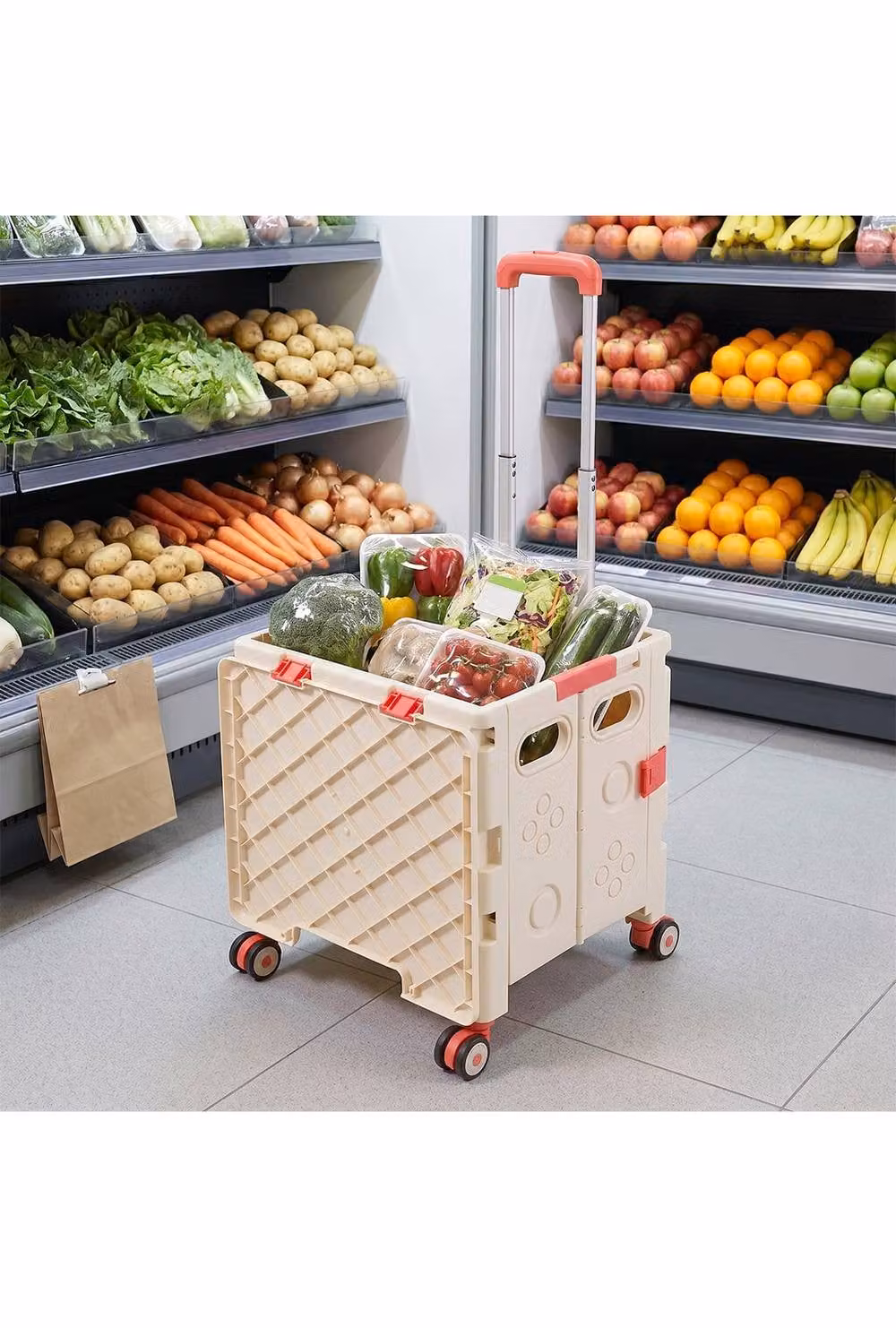 Living and Home 32L Folding Shopping Trolley Cart with Wheels in Off-White – 5