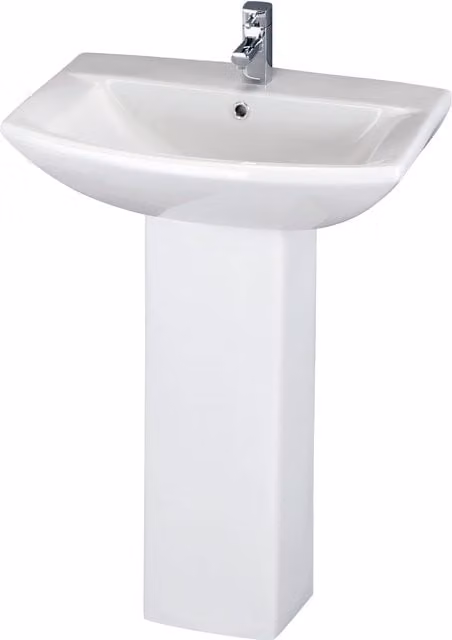 Balterley Square Ceramic Basin with Full Pedestal, 1 Tap Hole, White, Width: 600 mm