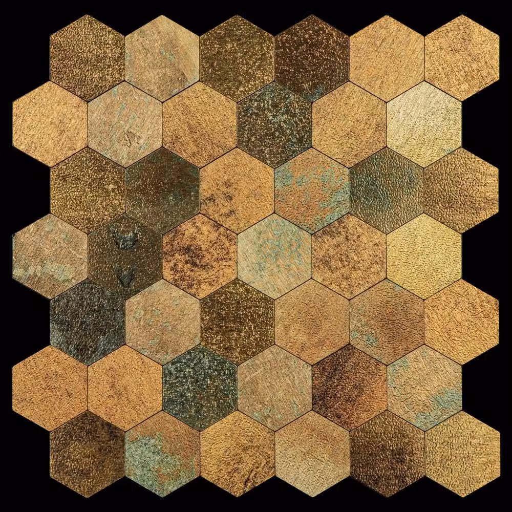 ENER-J Britwall Hexagon Aluminium Mosaic Peel & Stick Wall Tiles, Mixed Bronze, Pack of 4, W: 29.3 cm x H: 28.5 cm – 2
