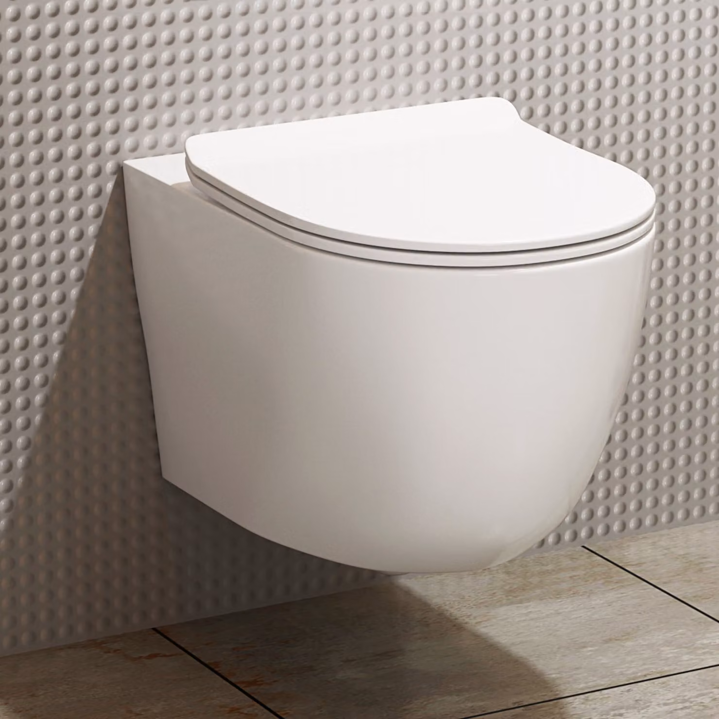 Royal Bathrooms Elva Short Projection Wall Hung Rimless Ceramic Toilet in White with Slim Soft Close Seat