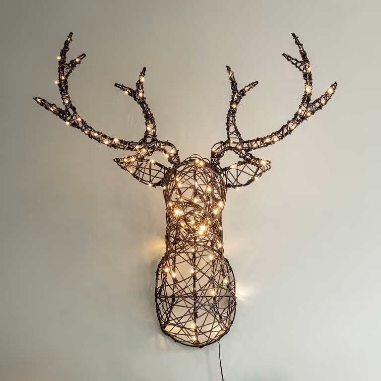 Lights4fun Studley Rattan Stag's Head LED Wall Light, Brown