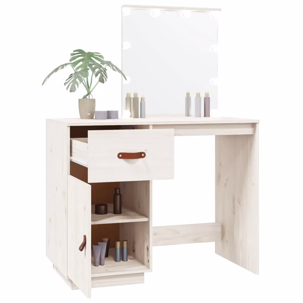 Berkfield Home White Rustic Solid Wood Pine Dressing Table with Hollywood LED, W/D/H: 95 x 50 x 133.5 cm – 2