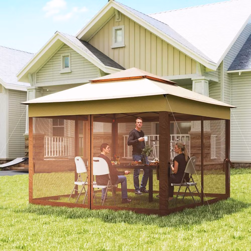 Rolipo Pop Up Gazebo Double Roof with Netting, Beige, W: 300 cm, D: 300 cm, H: 270 cm – 8