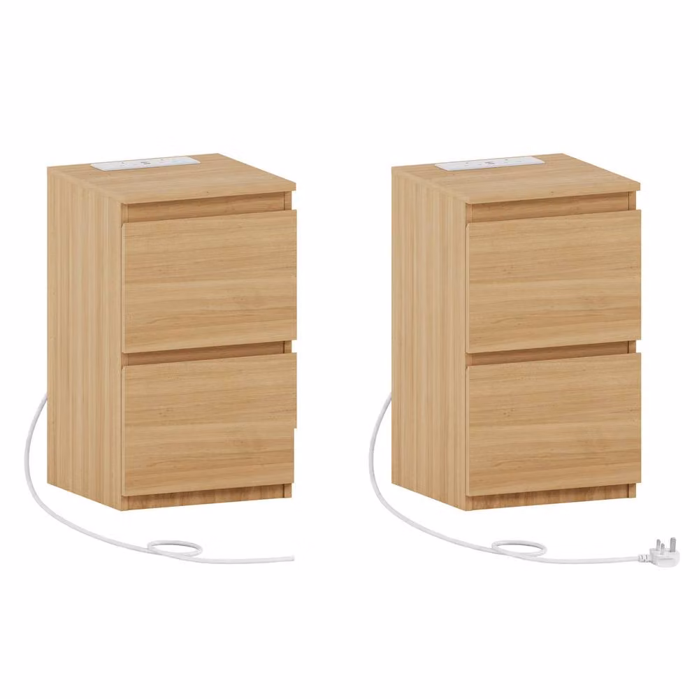 Home Discount Vida Designs Denver 2 Drawer Bedside Chest with Power Outlet, Set of 2, Natural Brown – 2