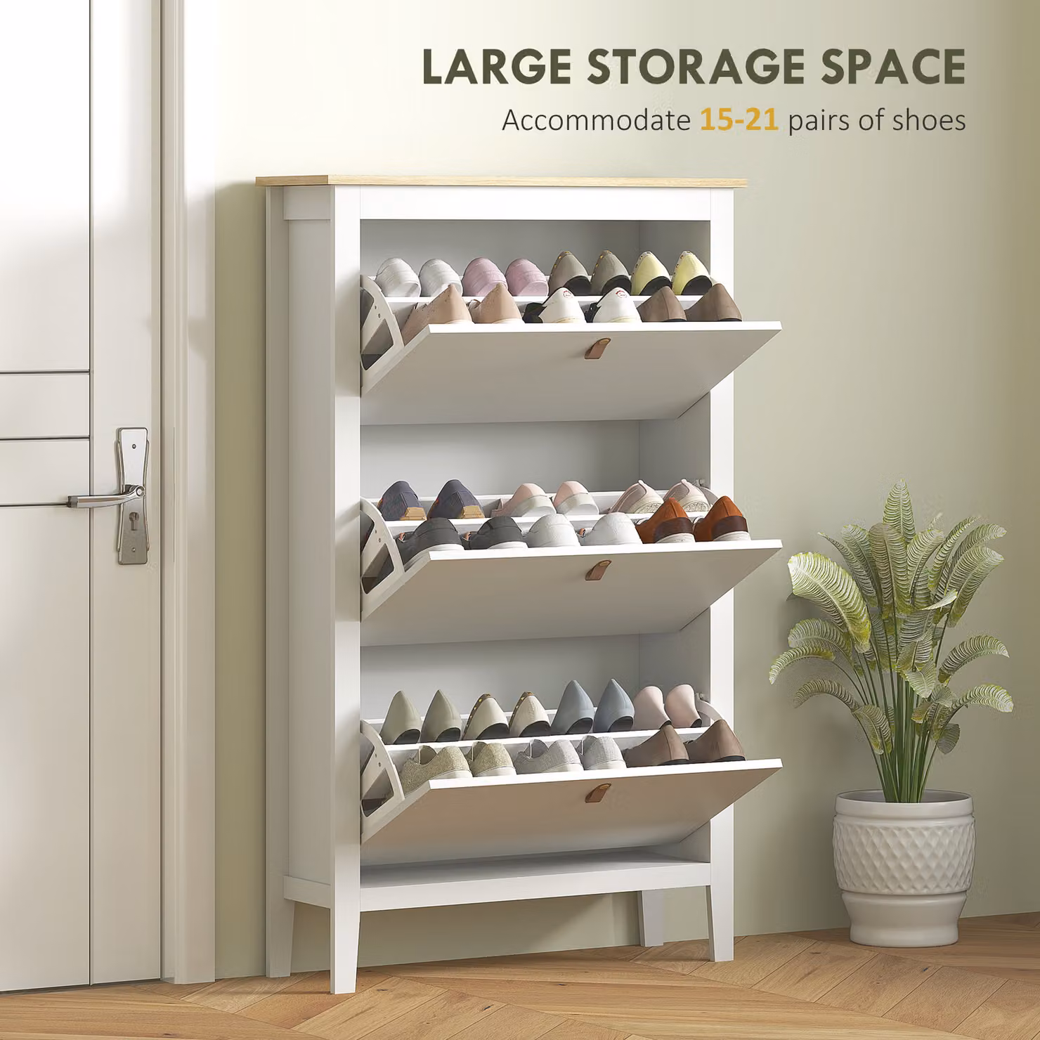 HOMCOM Modern White Freestanding Shoe Cabinet with Tilting Compartments – 2