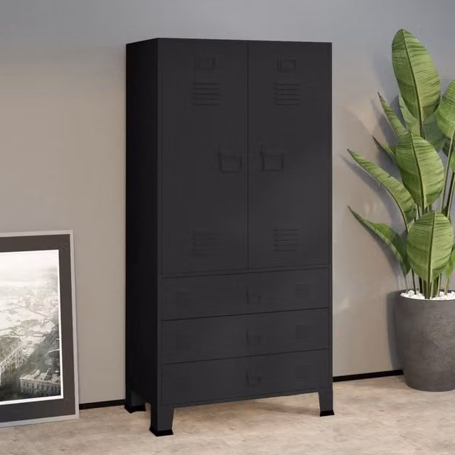 Berkfield Home Industrial Metal Wardrobe in Black, W/D/H: 90 x 50 x 180 cm