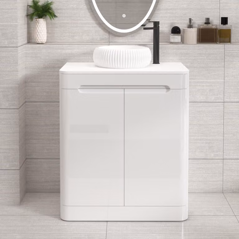 Royal Bathrooms Venice 700mm Gloss White Floor Standing 2 Door Vanity Unit with Milan Basin and Plain White Worktop