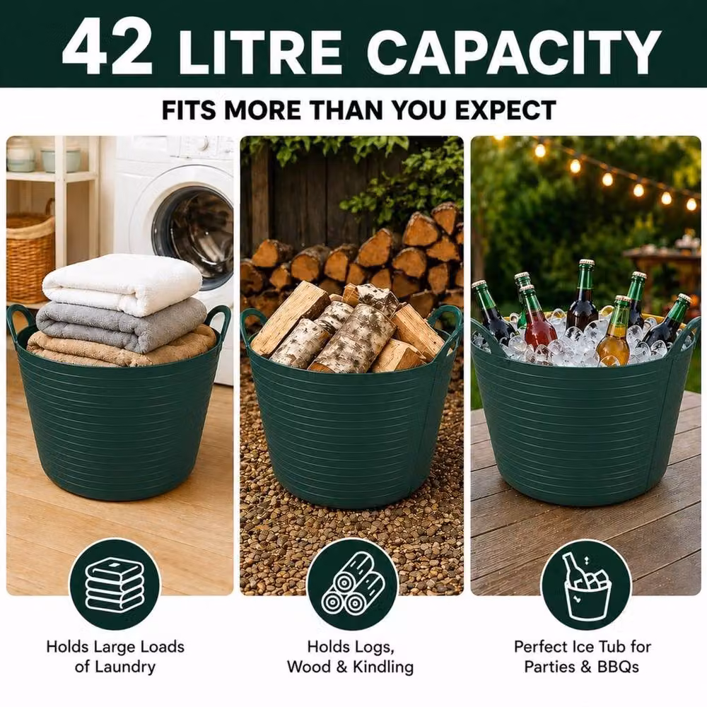 Hinsinc 3 Pack Green Flexible Plastic Garden Tubs, 42L each – 3