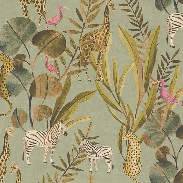 I Love Wallpaper Wild Haven Animal Print Wallpaper in Green and Pink with a Matt Finish