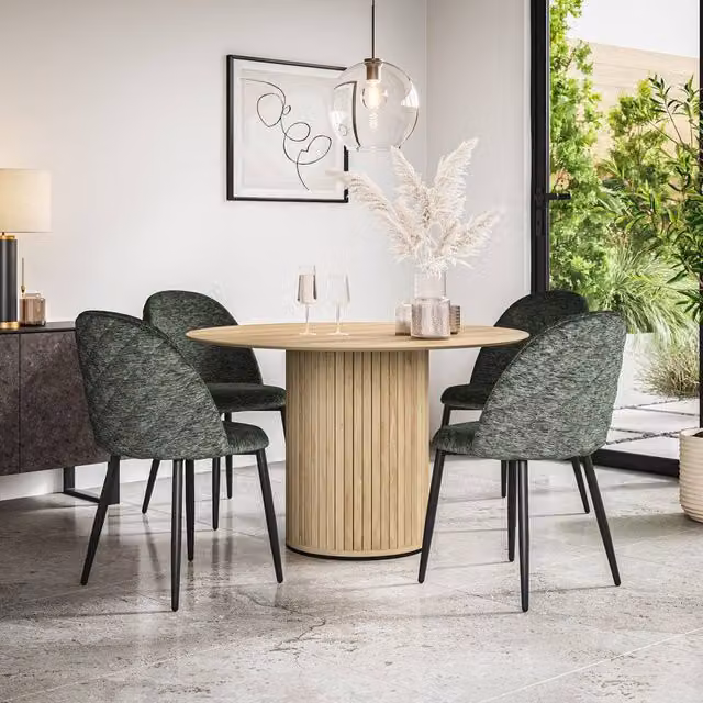 More4Homes Arlo Oak Round Dining Table and Raye Green Velvet Dining Chairs Set of 6, W/D/H: 120 x 120 x 75 cm – 1