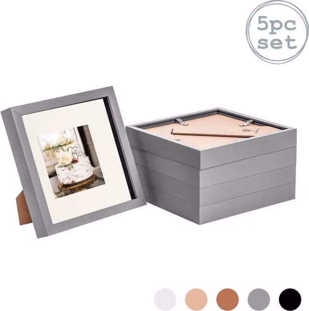 Nicola Spring Pack of 5 Single Square 3D Box Photo Frames in Grey and Yellow, W/H: 20.32 x 20.32 cm