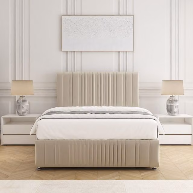 BSSPOKE Rosie Plush Velvet Divan Bed Set with 24 inch Headboard and Mattress in Beige, Small Double, W/D/H: 120 x 200 cm