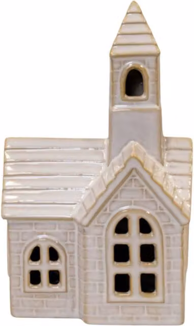 Four Candle Stoneglazed Ceramic LED Church Ornament in White, Height: 18 cm