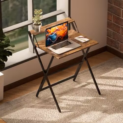 HOMCOM Folding Computer Desk with Monitor Shelf, Rustic Brown – 7