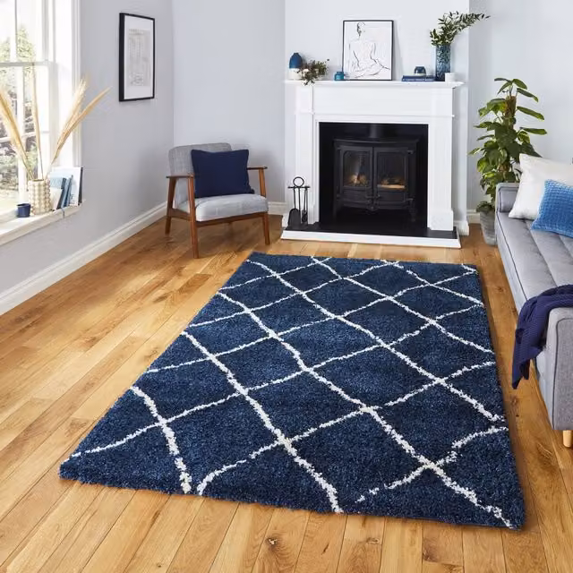 Terrys Scandi Berber Rectangular Rug in Blue and White with Diamond Pattern
