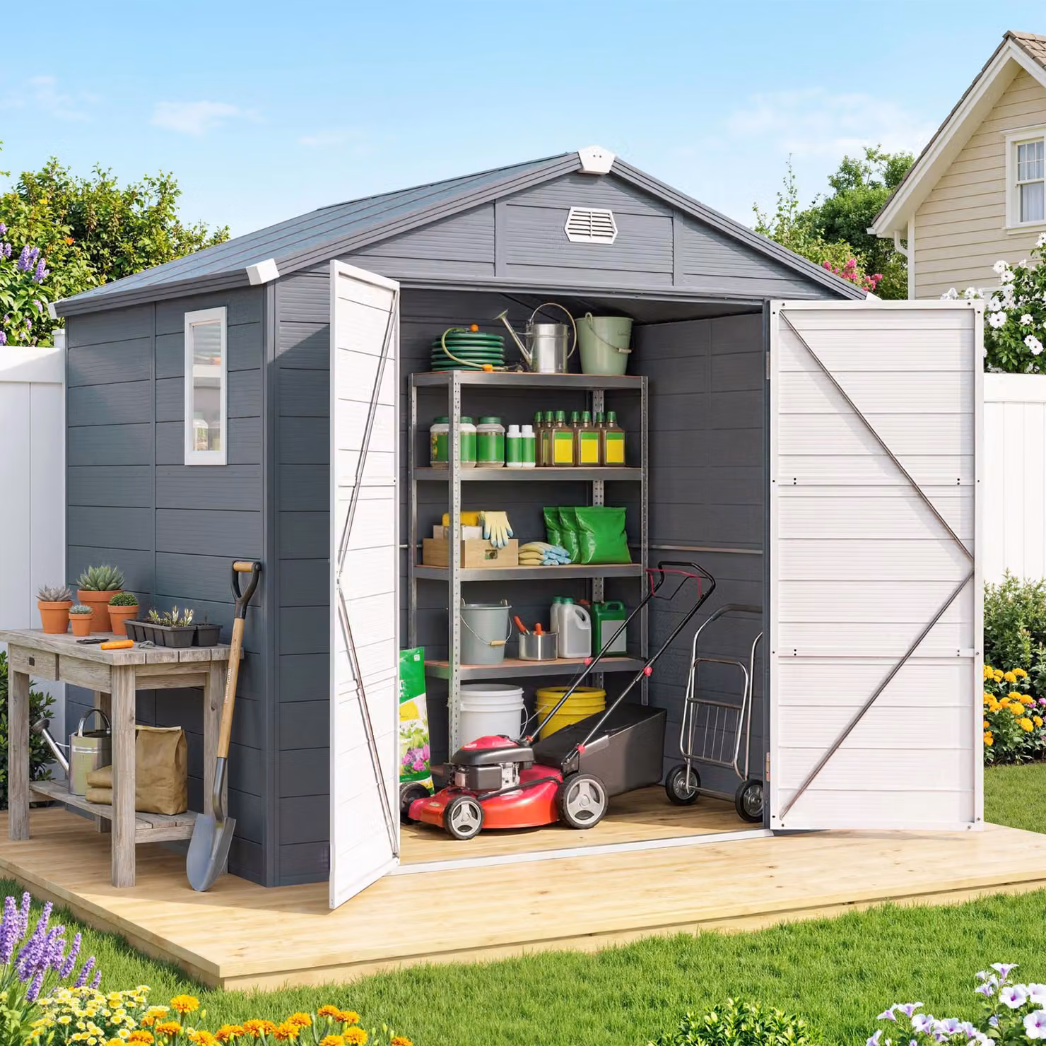 Outsunny Grey Polypropylene Garden Shed with Foundation Kit and Lockable Door – 2