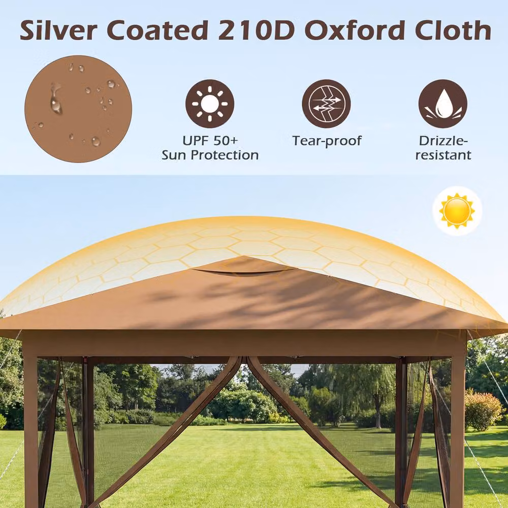 Gymax Instant Pop Up Gazebo with 350cm Mesh Screen and 4 Doors in Brown and Silver, W: 350 cm, D: 350 cm, H: 250 cm – 4