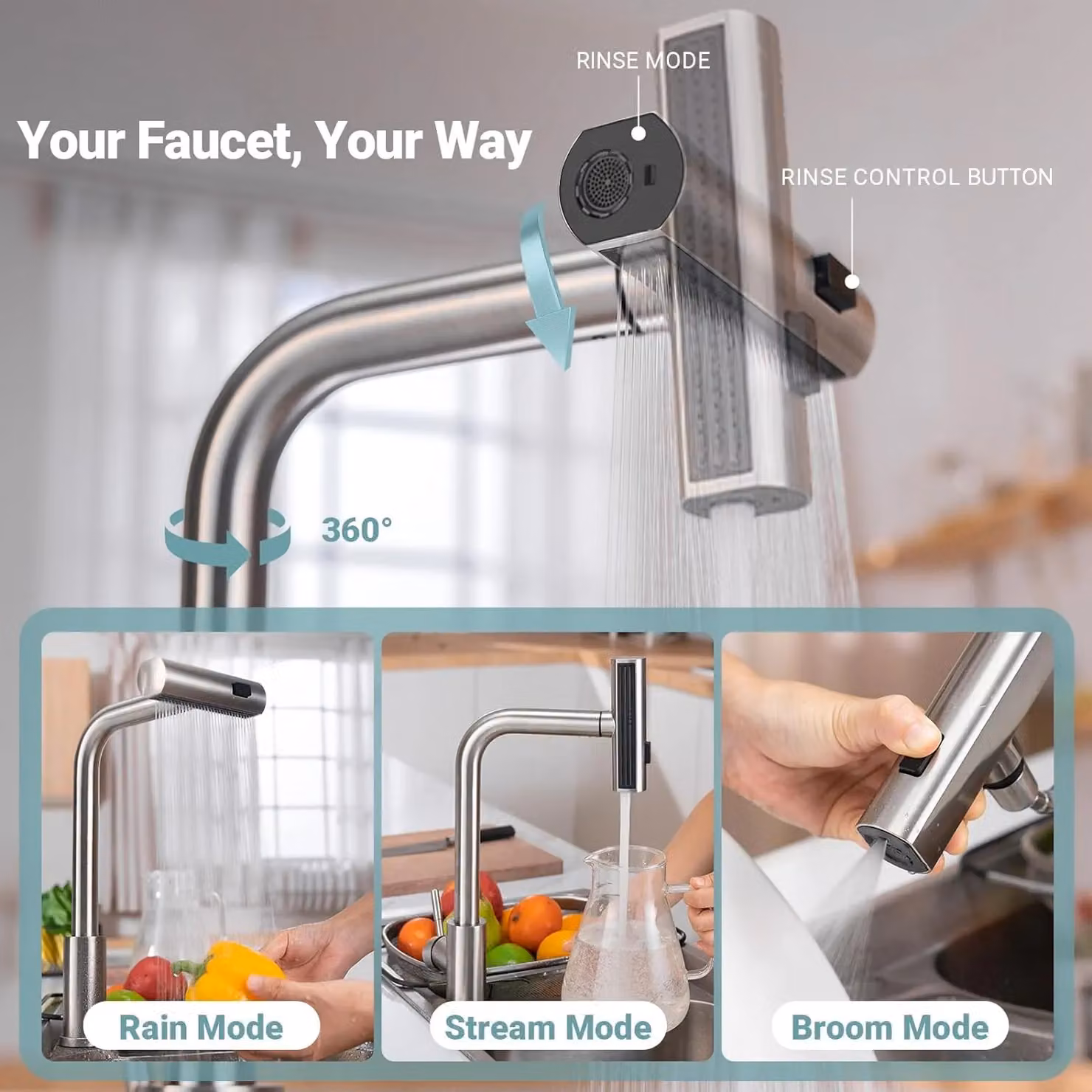 Appaso Stainless Steel Kitchen Faucet with Pull Out Sprayer and 3 Spray Modes in Silver – 3