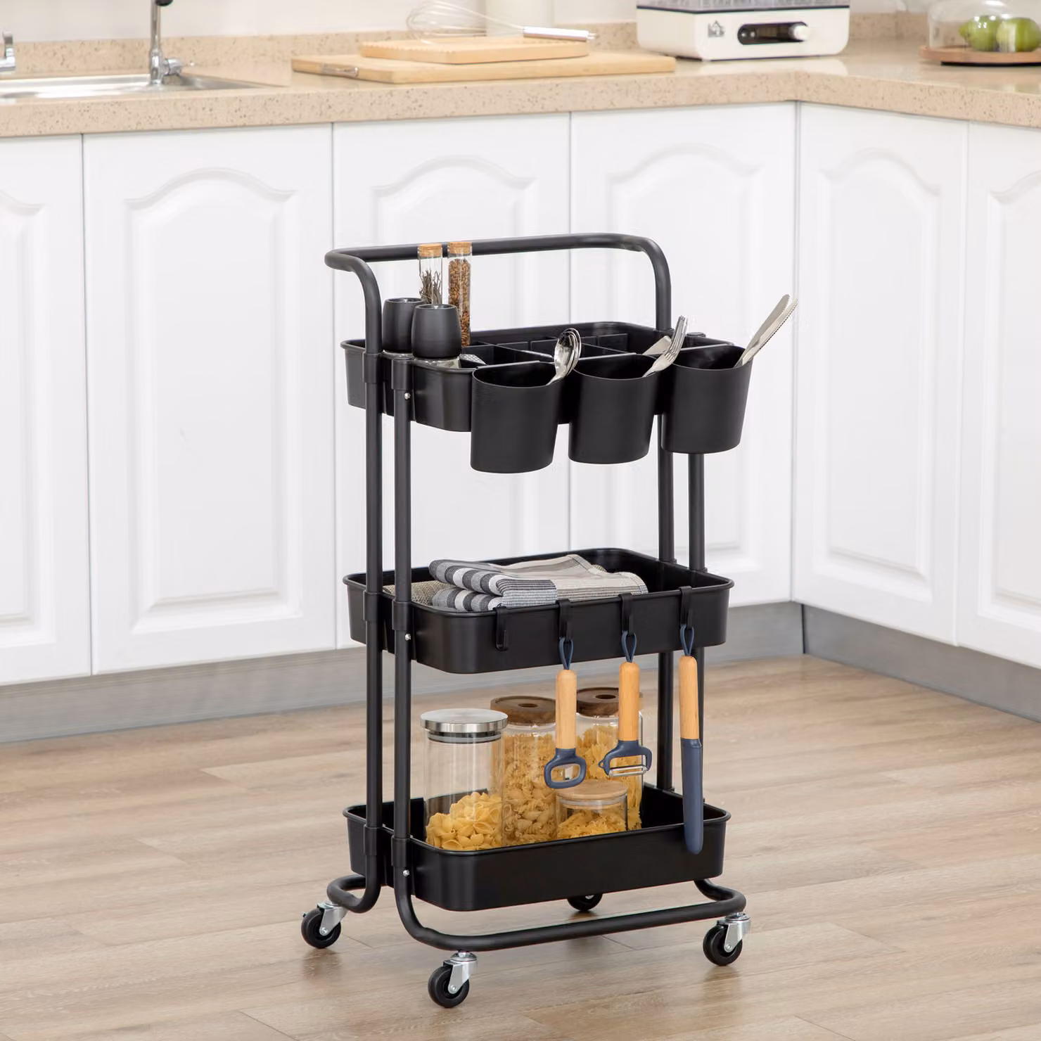 HOMCOM 3 Tier Utility Rolling Kitchen Cart with Removable Mesh Baskets and Hooks, Black – 2