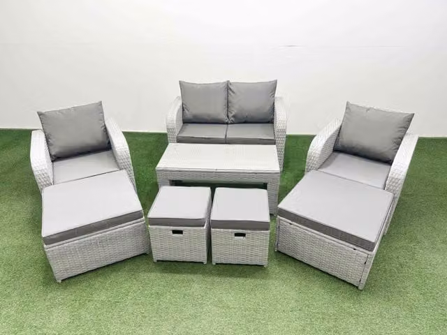Fimous PE Wicker Rattan Garden Furniture Set with Oblong Coffee Table and Love Sofa in Light Grey