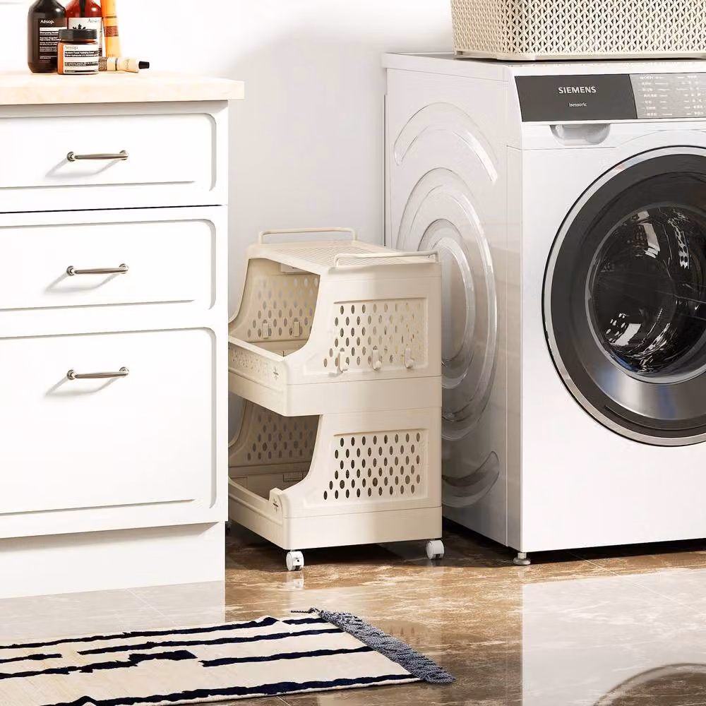 Gymax 3-Tier Stackable Rolling Laundry Basket and Dirty Clothes Organiser Cart with Wheels in Beige – 2