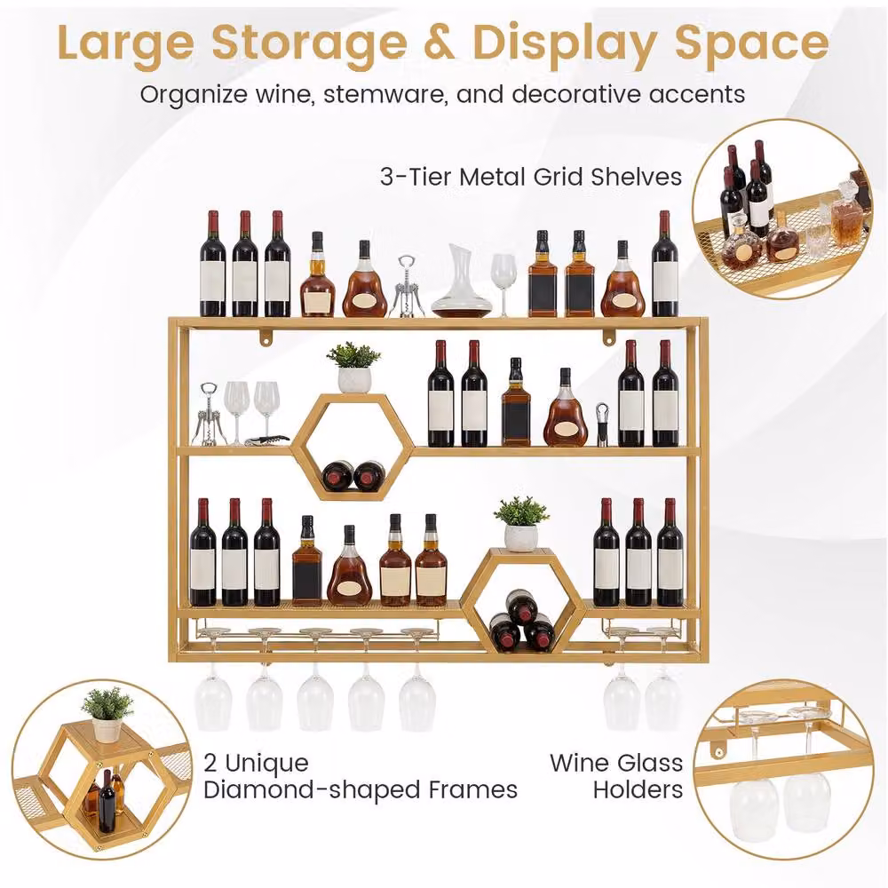 Costway Modern Gold Floating Bar Shelves, Wall Mounted Decorative Bottle Display Storage – 3