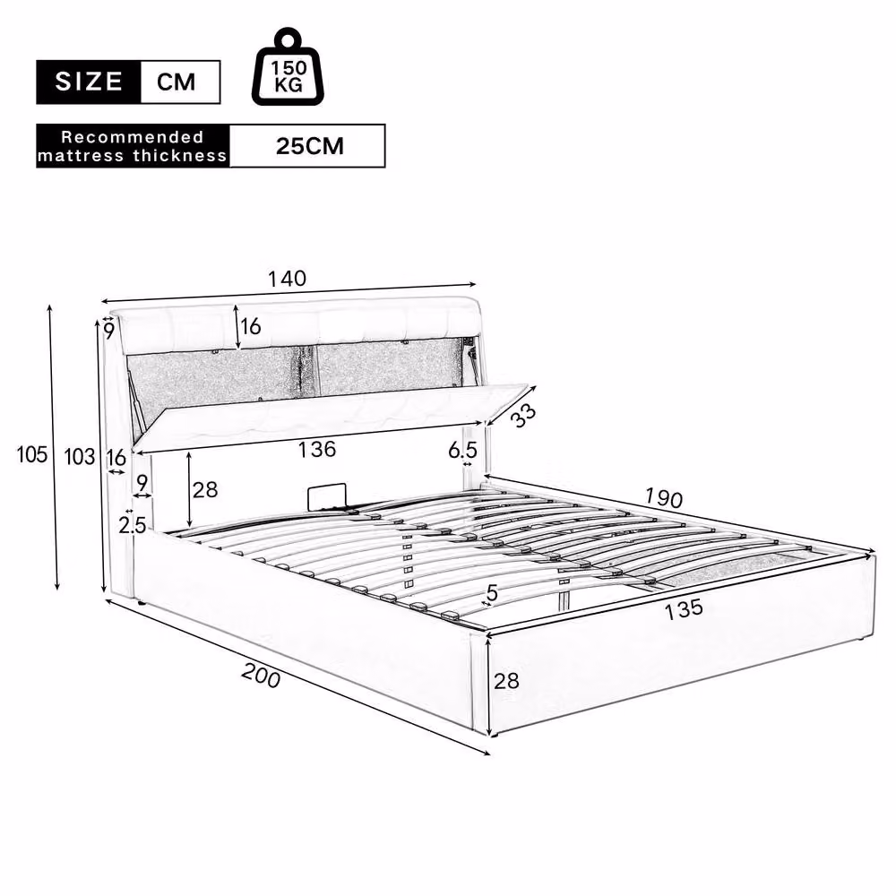 STILVORA Modern Upholstered Double Bed with Hydraulic Lift-Up Storage in Beige Synthetic Leather W/D/H: 140 x 200 cm – 3