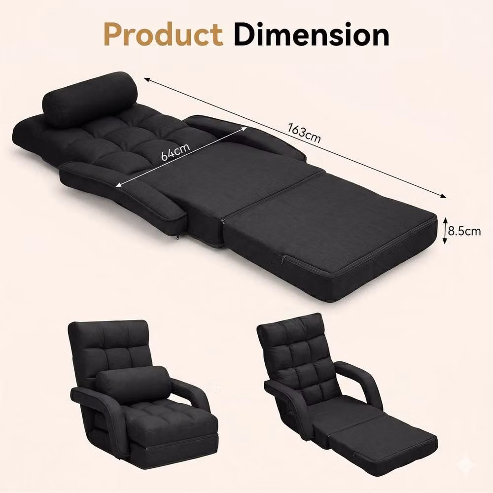 KORVIXA Black Adjustable Folding Lazy Sofa Bed with Armrests and Pillow, W/D/H: 100 x 100 x 100 cm – 2