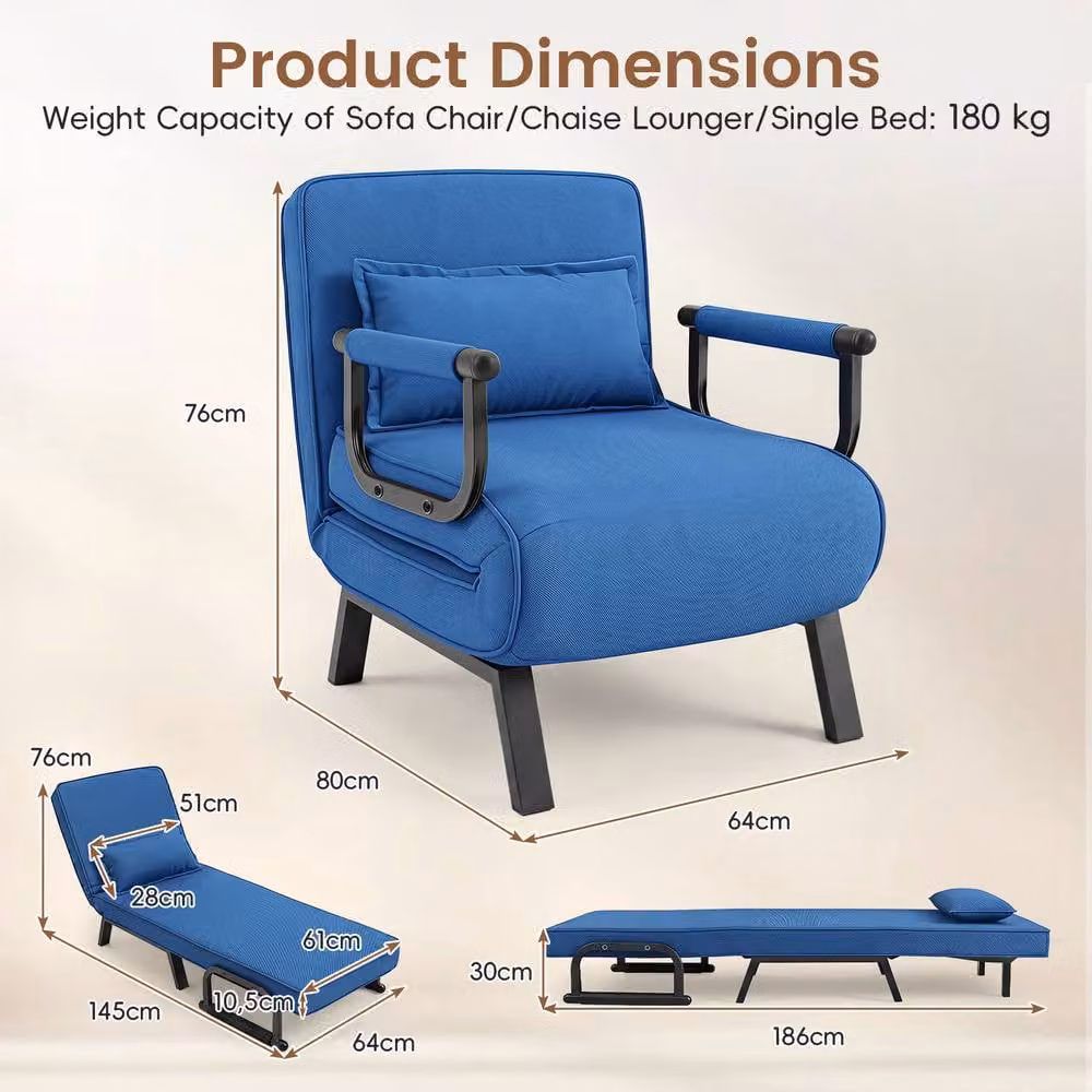 Costway 3-in-1 Convertible Sleeper Chair and Folding Sofa Bed with Adjustable Backrest in Blue – 2